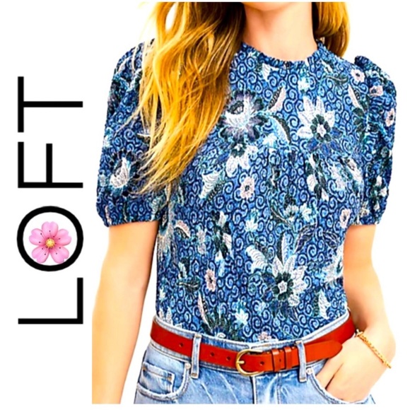LOFT Dahlia Textured Ruffle Puff Sleeve Top Size Small Blue - Picture 3 of 7